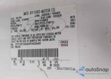 2005 Ford Ranger Xl/Xls/Xlt из США, поврежденный, VIN 1FTYR10D65PA02660